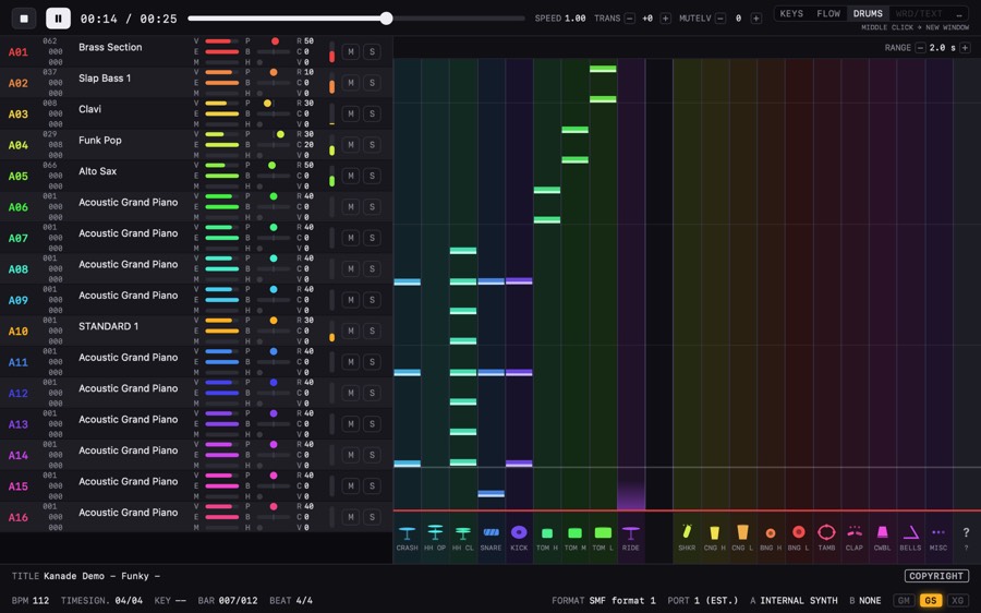 DRUMS 表示の再生画面。打楽器ごとにレーンが分かれている