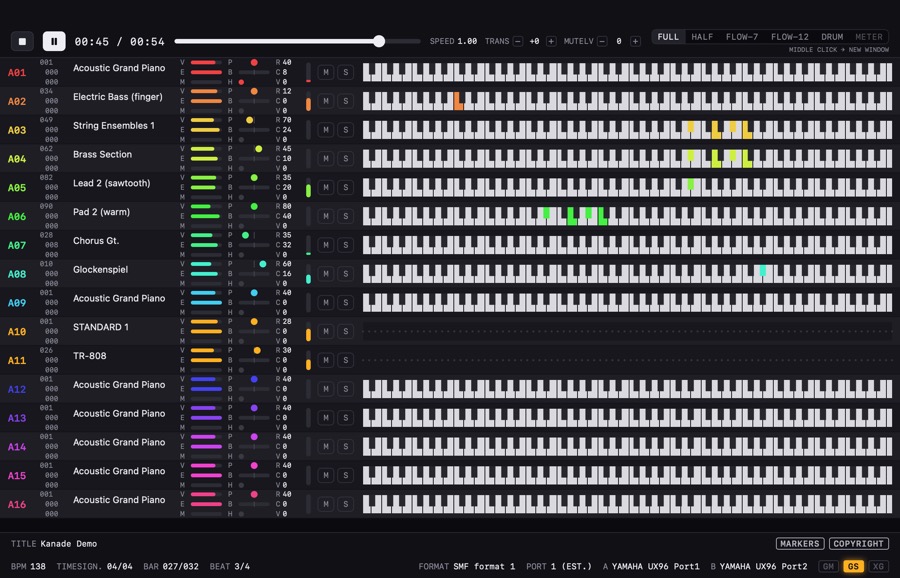 KEYS 表示の再生画面。16 パート分の鍵盤が縦に並ぶ
